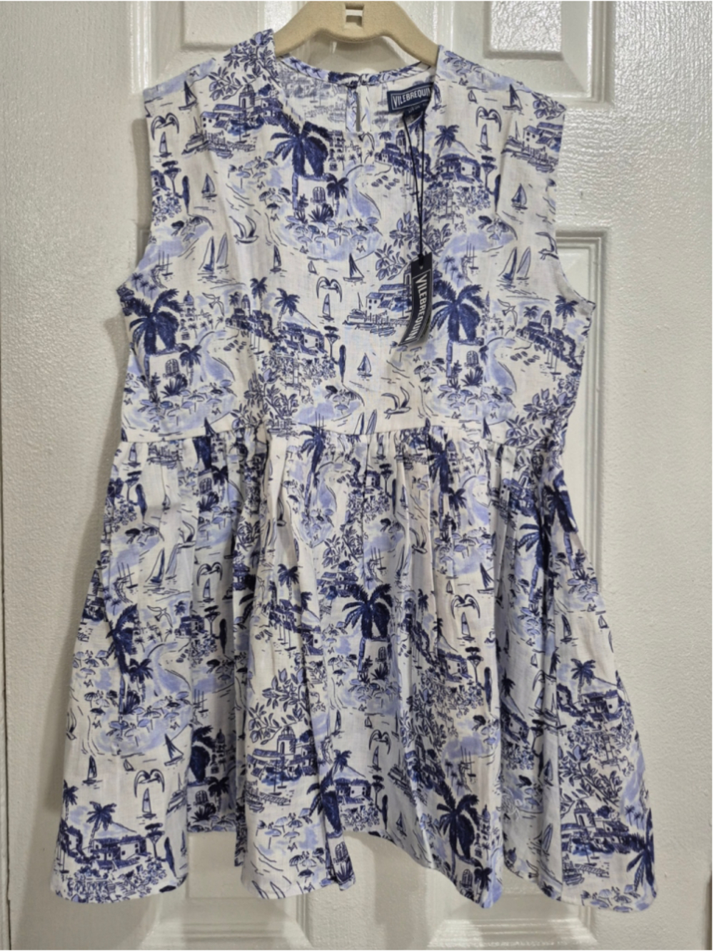 Girls Vilebrequin Casual Dress Size 8 White and Blue Toile Print